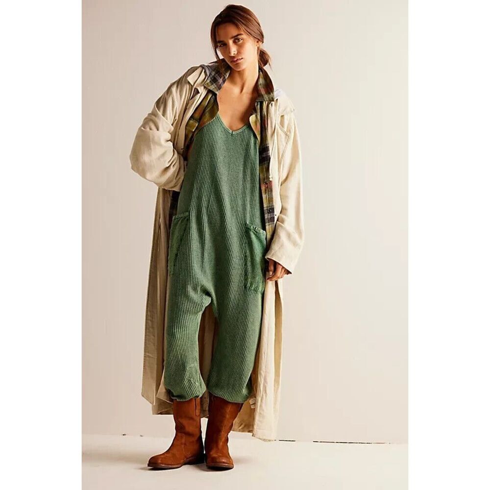 Free People FP One Frankie Jumpsuit Green Aquamarine Waffle Knit Large L NEW